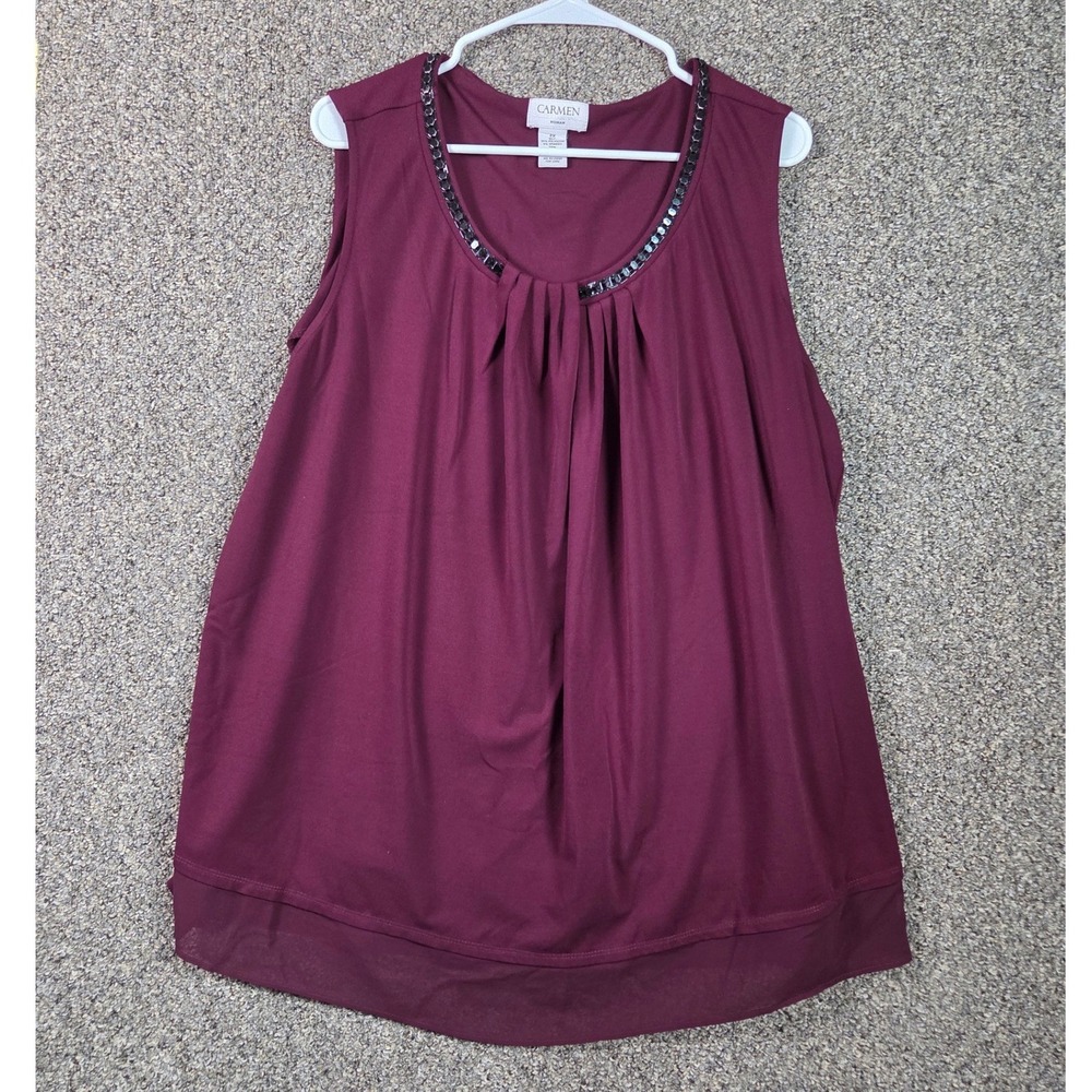 Carmen Marc Valvo Blouse Womens 2X Burgundy Beaded Neck Pleated Sleeveless Top